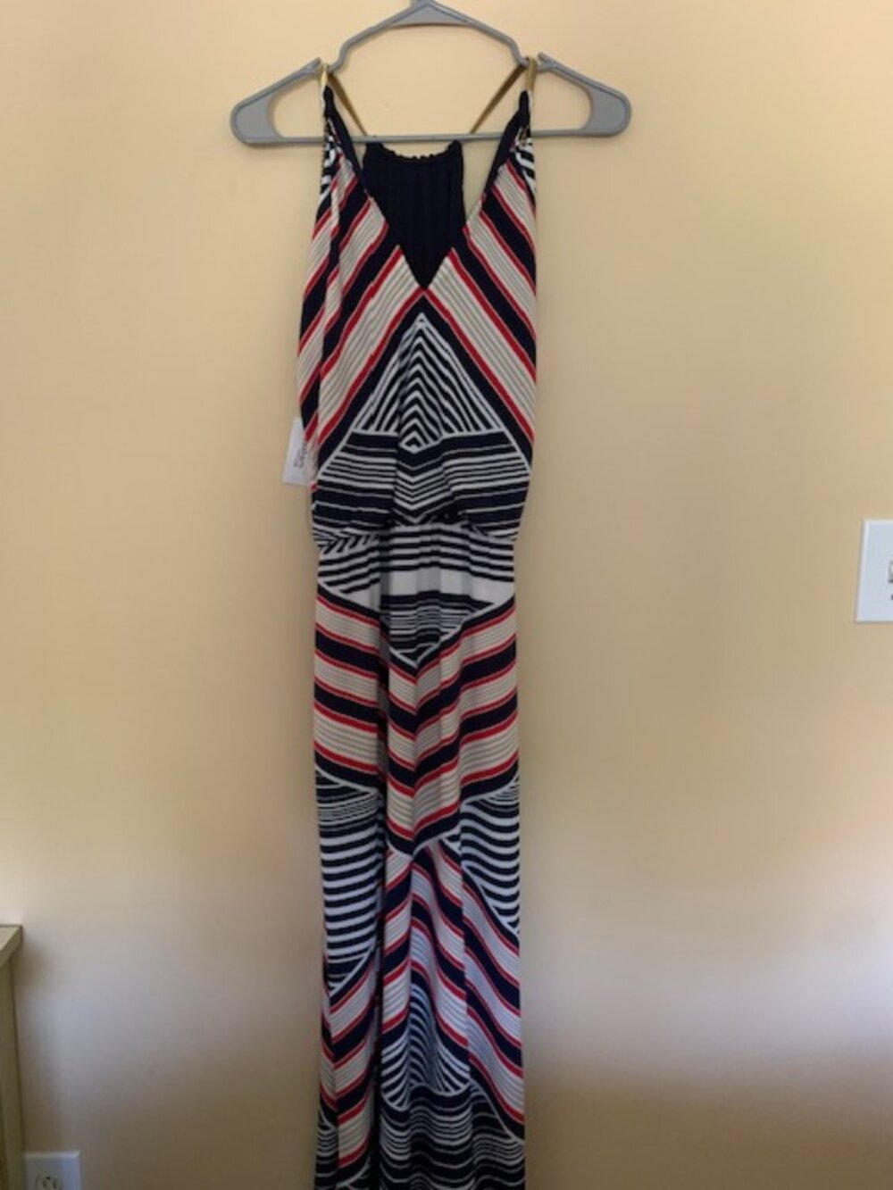 Dress Barn Maxi Dress red/white/blue. Gold over shoulder traps. Size med New